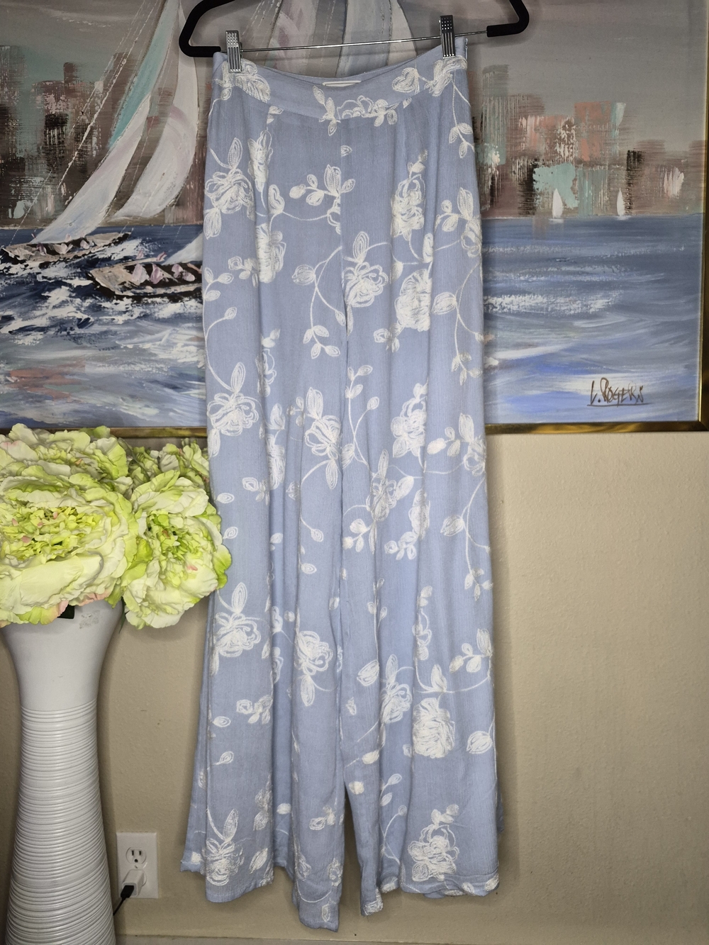Sage Pale Blue Floral Wide-Leg Trousers